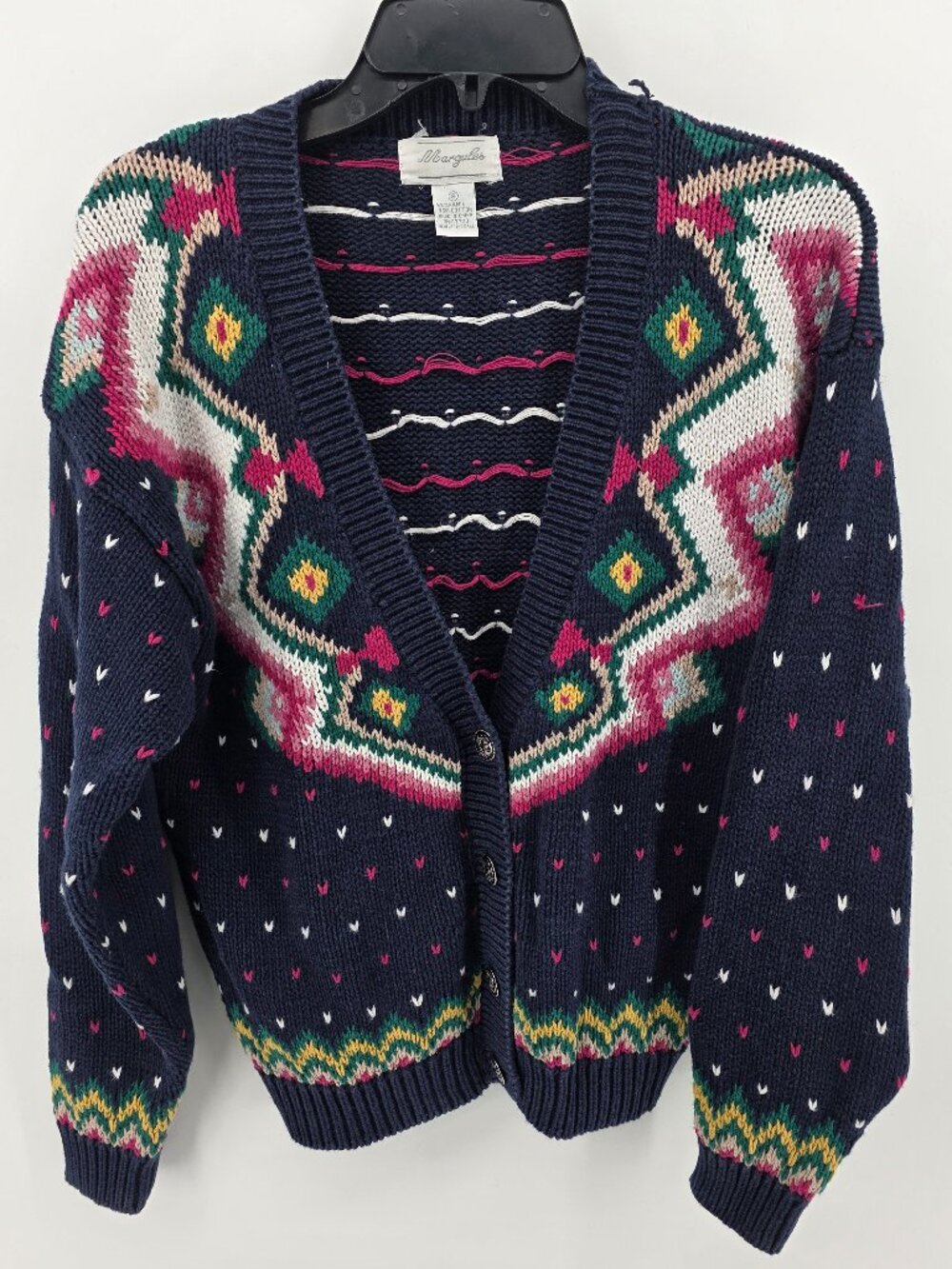 Margules Vintage Navy Fair Isle Heart Knit Cardigan Womens Small 80s 90s‎